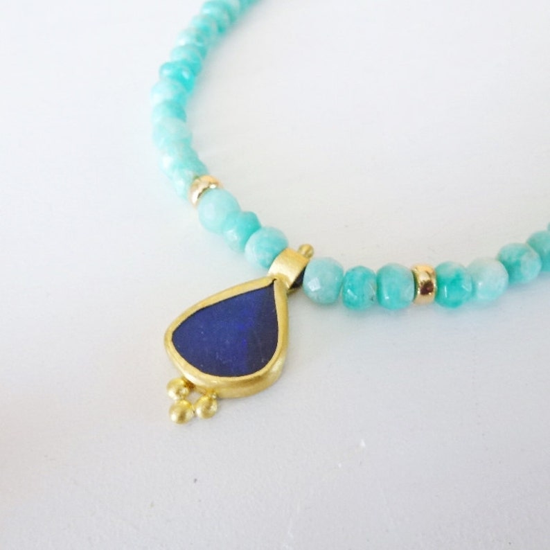 22K Gold Necklace, Opal Boulder Pendant, Amazonite beaded Necklace, Opal Gold Necklace, Gift for her, opal jewelry, blue opal necklace image 4