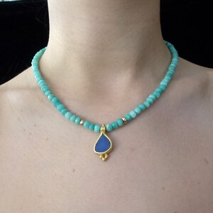 22K Gold Necklace, Opal Boulder Pendant, Amazonite beaded Necklace, Opal Gold Necklace, Gift for her, opal jewelry, blue opal necklace image 1