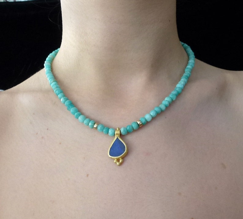 22K Gold Necklace, Opal Boulder Pendant, Amazonite beaded Necklace, Opal Gold Necklace, Gift for her, opal jewelry, blue opal necklace image 1