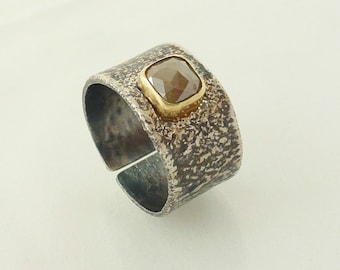 Natural diamond silver gold ring, Grayish Green rectangle Diamond set in 14K gold bezel onto a textured organic oxidized silver band