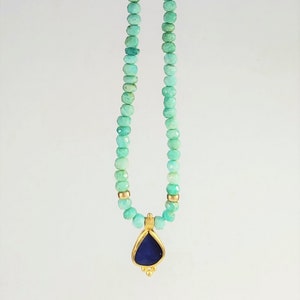 22K Gold Necklace, Opal Boulder Pendant, Amazonite beaded Necklace, Opal Gold Necklace, Gift for her, opal jewelry, blue opal necklace image 5