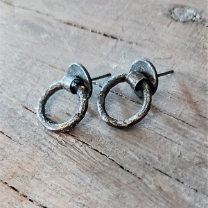 Medieval rustic earrings, Pull ring earrings, black earrings for men, Sterling Silver ring earrings, hoop earrings, organic textured jewelry