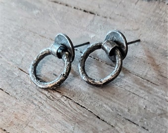 Medieval rustic earrings, Pull ring earrings, black earrings for men, Sterling Silver ring earrings, hoop earrings, organic textured jewelry