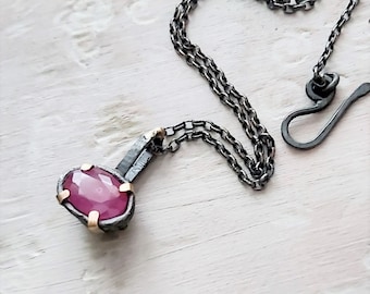 Ruby pendant necklace, Gold silver necklace, Pink Ruby necklace, Medieval pendant, rustic necklace, unique handmade pendant, artisan jewelry