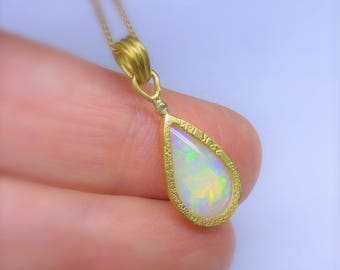 Gold Opal pendant necklace, delicate Opal teardrop set in 22K gold, gift for women, multicolor Opal jewelry, Handmade artisan pendant