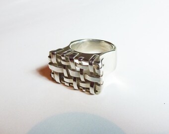 Handmade braided big rectangle silver ring, Sterling silver mesh ring, horizontal vertical stripes ring, unique jewelry, special jewelry