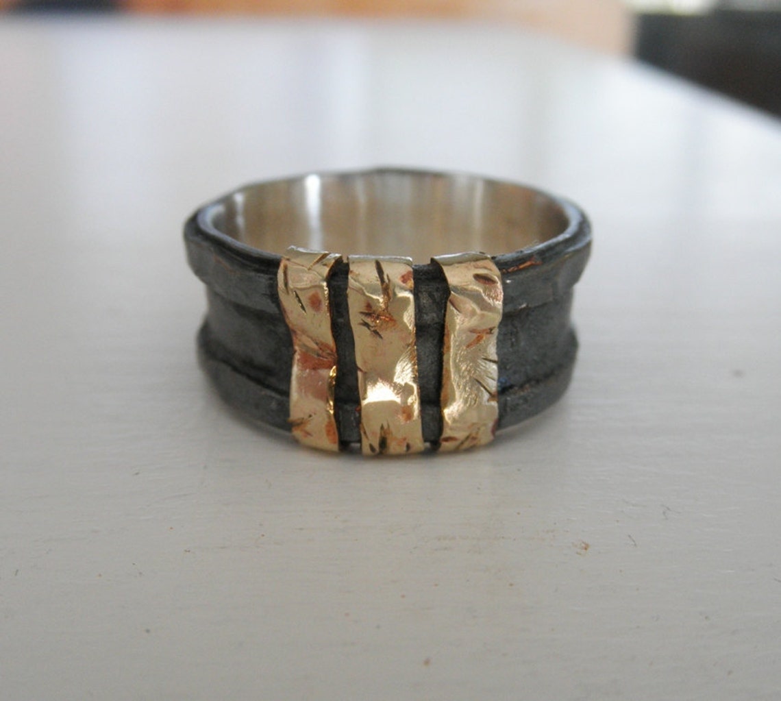 Rustic ring for men Blackened wedding band with 9K gold Etsy