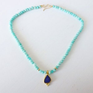 22K Gold Necklace, Opal Boulder Pendant, Amazonite beaded Necklace, Opal Gold Necklace, Gift for her, opal jewelry, blue opal necklace image 6