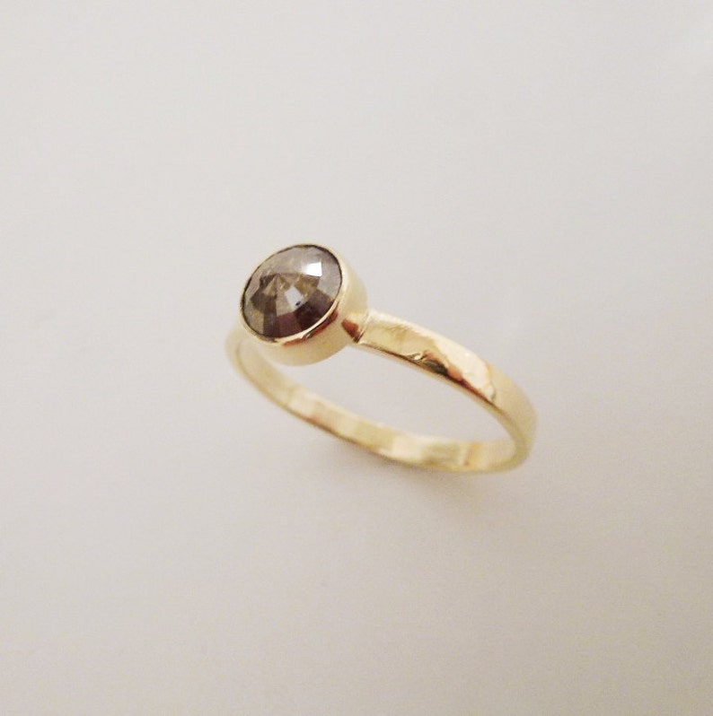 18K gold Natural Diamond ring, handmade Diamond Ring, round diamond jewelry, Hammered and textured band ring, Gold brown wedding ring image 2