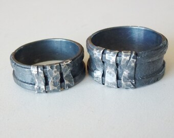 Oxidized Sterling Silver Wedding Rings with triple Silver stripes, Wedding set,  hammered tuxtured bands, Unique Rustic jewelry design