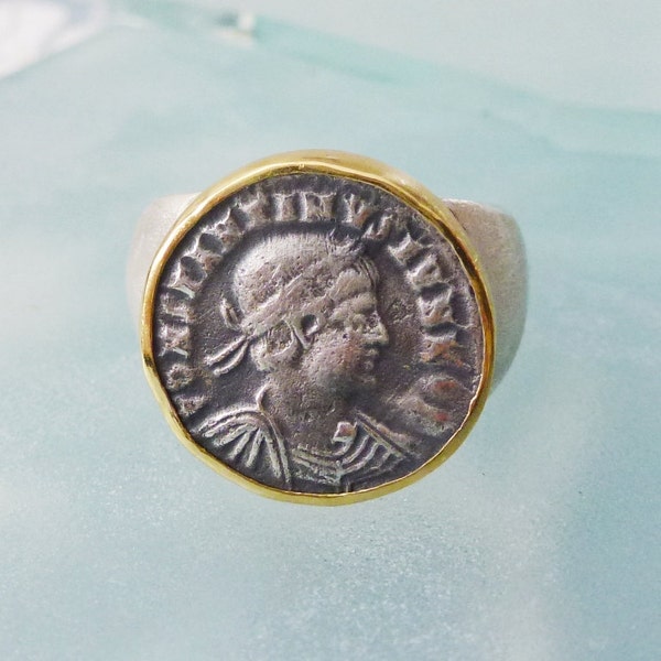 Coin Ring, Sterling Silver Coin sieraden, 22K goud en zilver Ring, Unisex ring, oude ring, Romeinse munt sieraden, handgemaakte zilveren ring