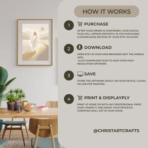 May include: A framed print of a religious figure walking on a path, with a neutral color palette. The image is part of a wall art collection. The text on the image says "How it works" and provides instructions for purchasing, downloading, saving, and printing.