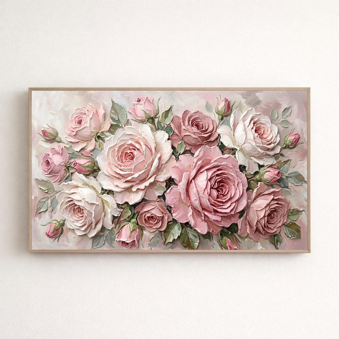 Pink Rose Floral Wall Art Printable, Vintage Romantic Flower Frame TV ...