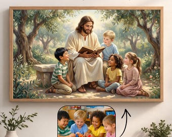 Custom Jesus with Kids Wall Art Printable, Personalized Christian Nursery Art, Jesus Teaching Children Portrait, Faith Kids Room Decor
