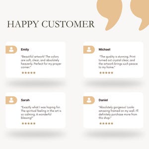 May include: A promotional graphic with the text "HAPPY CUSTOMER" at the top. Below are four customer testimonials in white boxes with a light brown background. Each testimonial includes a customer name and a review.