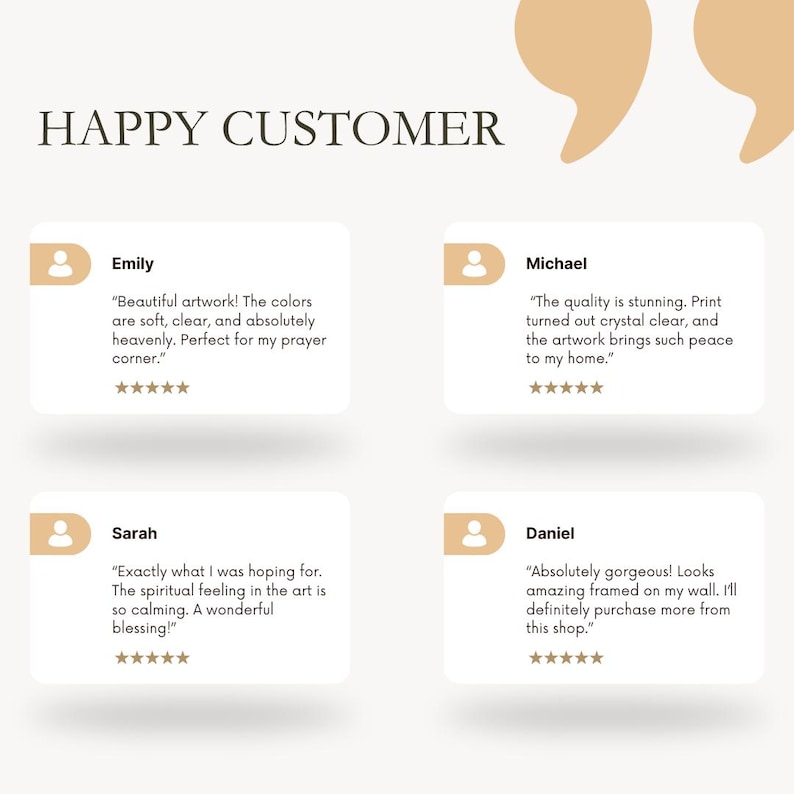 May include: A promotional graphic with the text "HAPPY CUSTOMER" at the top. Below are four customer testimonials in white boxes with a light brown background. Each testimonial includes a customer name and a review.