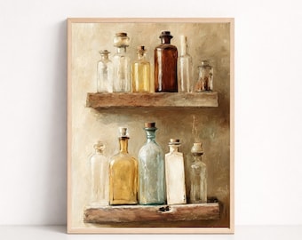 Vintage Apothecary Bottle Wall Art Printable, Rustic Farmhouse Kitchen Decor, Antique Glass Bottle Print, Neutral Still Life Artwork