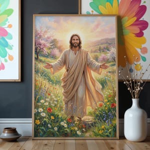 May include: A framed print depicts a serene landscape with a figure in flowing robes, arms outstretched. The artwork features a vibrant meadow filled with wildflowers, a bright sun, and a soft color palette of greens, yellows, and pinks. The print is in a wooden frame.