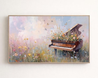 Puede incluir: Pintura enmarcada de un piano de cola en un campo de flores silvestres. El piano es marrón con interior dorado, y de él emergen flores y mariposas. El fondo es una suave mezcla de tonos rosa, azul y amarillo.