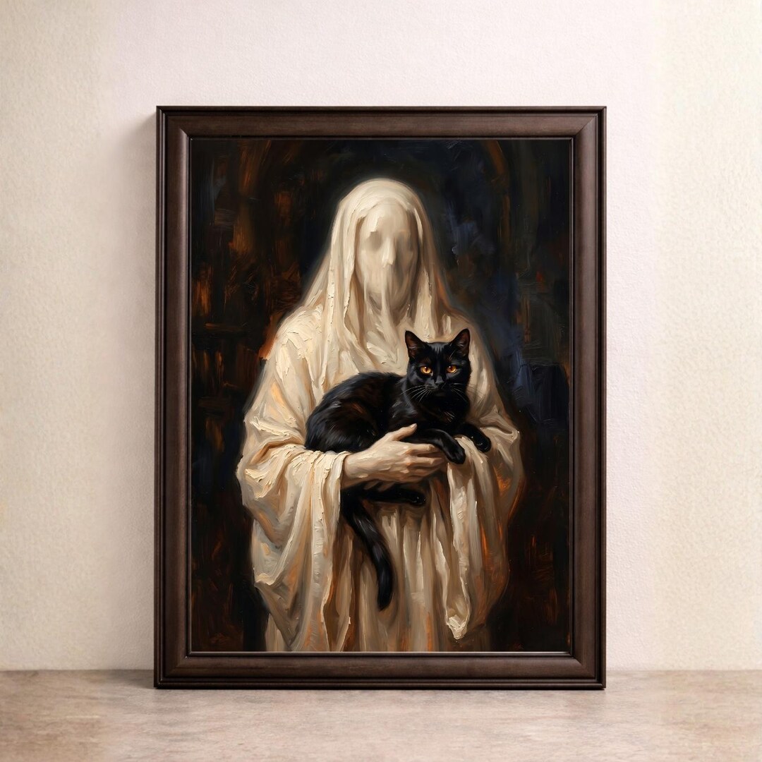 Ghost Holding Black Cat Wall Art Printable, Dark Academia Halloween ...