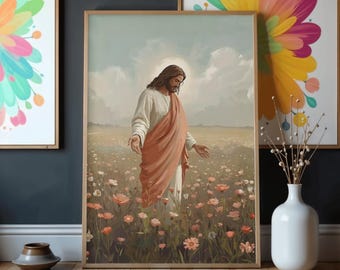 Jesus in Wildflower Field Wall Art Printable, Christian Faith Painting, Jesus Walking in Meadow Artwork, Religious Inspirational Wall Decor