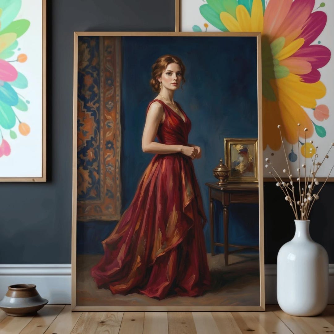 Elegant Woman in Red Dress Wall Art Printable, Vintage Oil Painting ...