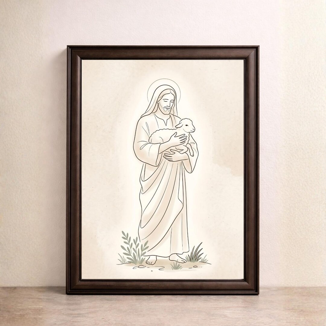 Minimalist Jesus With Lamb Wall Art Printable, Christian Shepherd Line ...