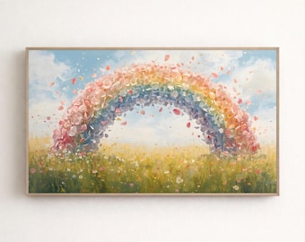 Puede incluir: Pintura enmarcada que representa un vibrante arcoíris sobre un campo de flores silvestres. El arcoíris está compuesto por pétalos de colores pastel, con un cielo azul y nubes esponjosas en el fondo. La obra evoca una sensación de alegría y serenidad.