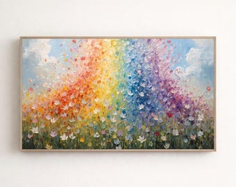 Cuadro decorativo imprimible de campo de flores silvestres arcoíris, pintura abstracta y colorida de pradera floral, obra de arte de paisaje primaveral vibrante, arte moderno para TV con marco