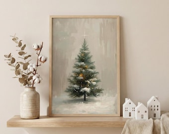 May include: A framed print of a Christmas tree with a cross at the top, set in a snowy landscape. The artwork features a light green tree with snow and gold lights. A vase with cotton stems and small white houses are on a wooden shelf.