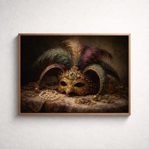 May include: A framed still life featuring a gold masquerade mask with blue, purple, and tan feathers. The mask is decorated with jewels and sits on a table with pearls and gold jewellery.