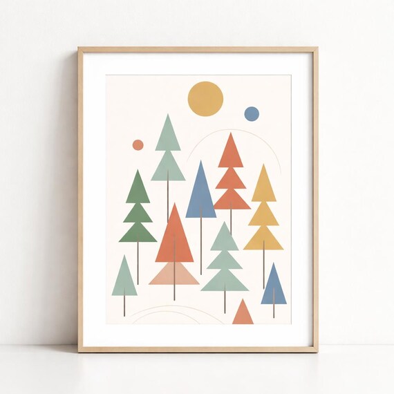 Minimalist Scandinavian Wall Art, Abstract Geometric Forest Print, Mid Century Modern Living Room Decor, Neutral Contemporary A4 Printable