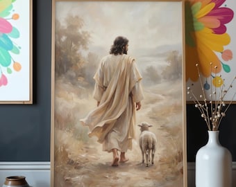 Jesus Walking with Lamb Wall Art Printable, Good Shepherd Painting, Christian Faith Art, Spiritual Decor, Bible Verse Print, Christian Art