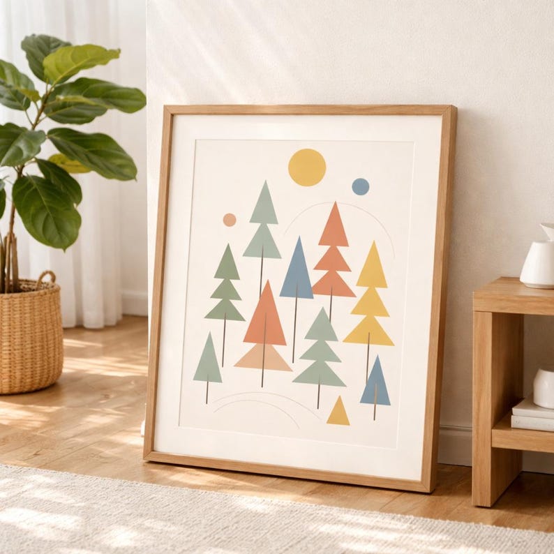 May include: A framed art print featuring a minimalist forest scene with colorful trees in shades of green, orange, yellow, and blue. A yellow sun and blue dot are in the sky. The artwork is displayed in a light wood frame.