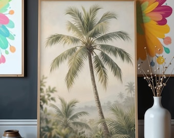 May include: A framed print of a tropical landscape featuring a tall palm tree with green fronds. The artwork has a vintage aesthetic, with soft colors and a hazy background. Other palm trees are visible in the distance.
