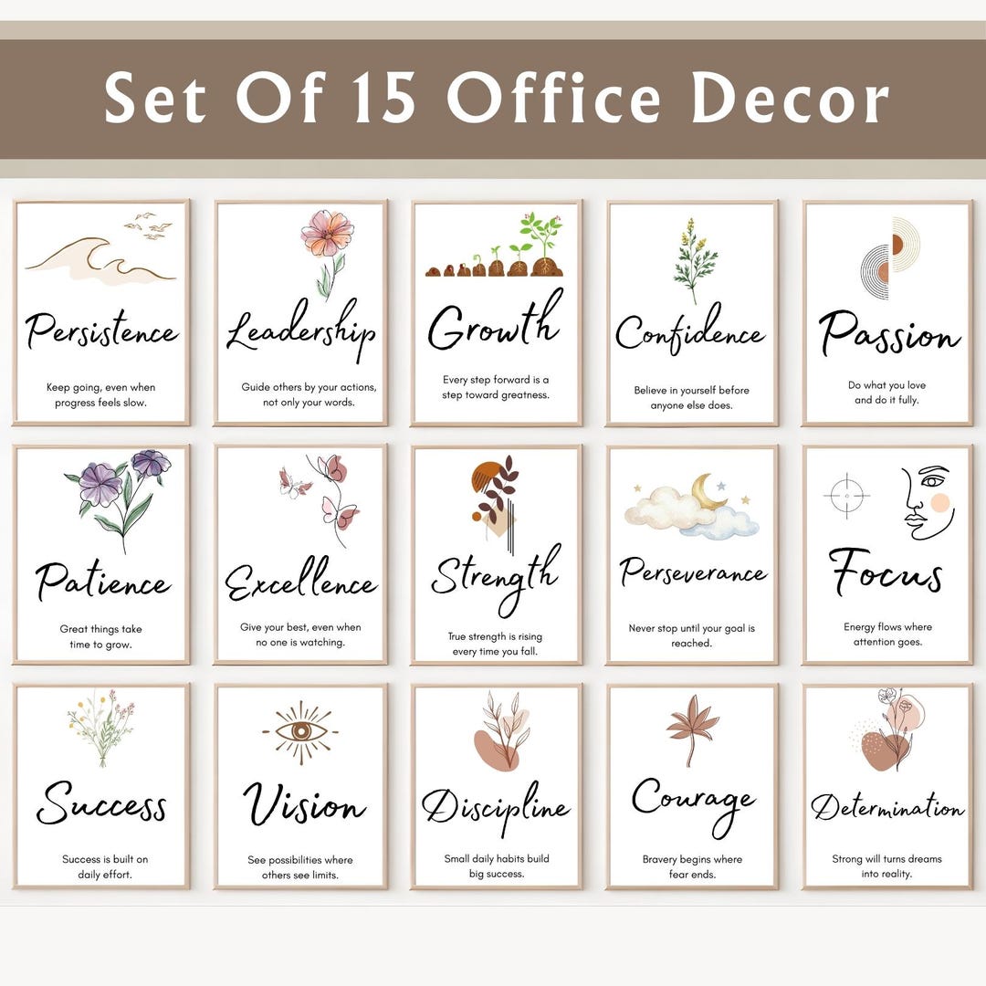Set of 15 Office Wall Art Set, Motivational Quote Bundle, Neutral ...
