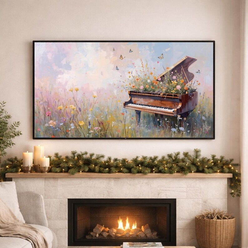 Puede incluir: Una obra de arte enmarcada representa un piano de cola en un campo de flores silvestres. El piano es marr&oacute;n con un teclado blanco y est&aacute; lleno de flores coloridas. Las mariposas revolotean en el cielo pastel, creando una escena caprichosa.
