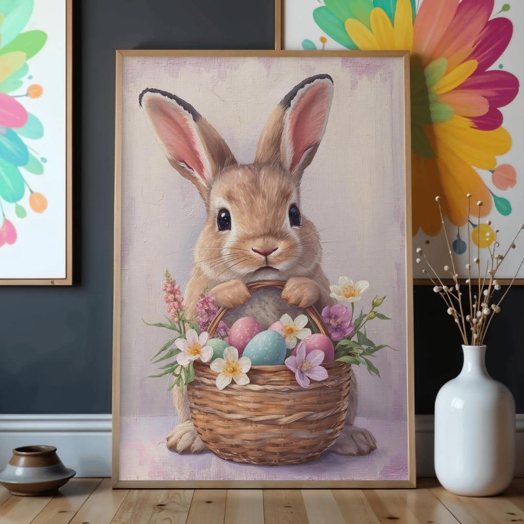 Easter Bunny Wall Art Printable, Cute Spring Rabbit With Easter Eggs ...