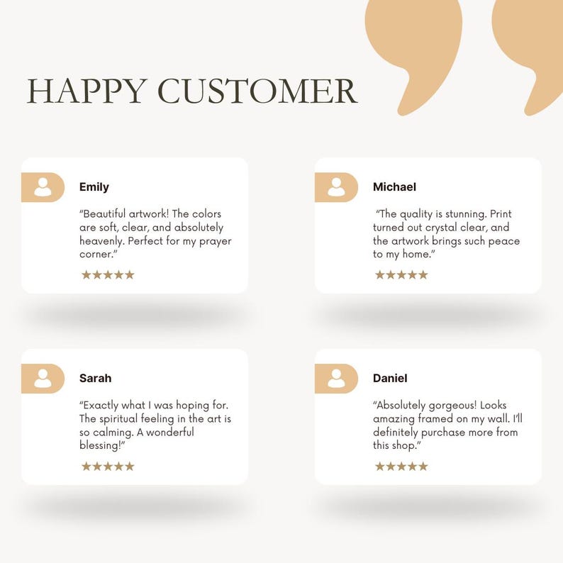 May include: Image with the text "HAPPY CUSTOMER" at the top. Below are four customer reviews with quotes and star ratings. The reviews are in white boxes with a light brown background.