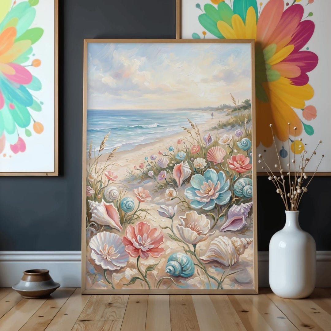 Coastal Seashell Flower Wall Art Printable, Pastel Beach Painting ...