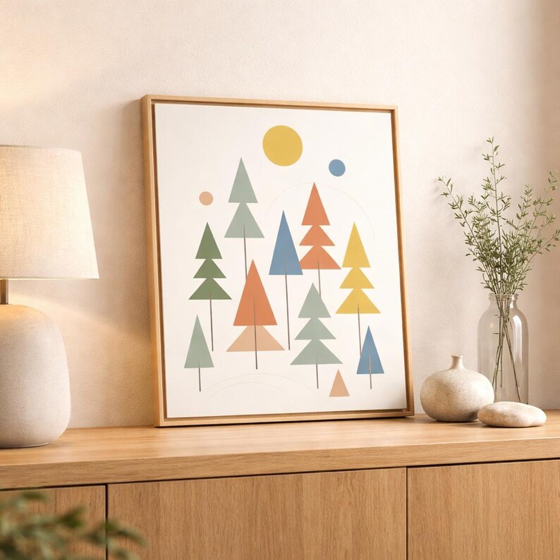 May include: A framed art print featuring a minimalist forest scene with colorful triangular trees in shades of green, orange, blue, and yellow. A yellow sun and blue dot are in the sky. The artwork is displayed on a wooden cabinet.