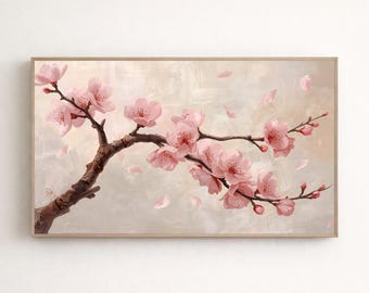 Puede incluir: Pintura enmarcada de una rama de cerezo en flor con flores rosas y pétalos cayendo. La obra presenta una rama marrón sobre un fondo suave y neutro. Las flores están en plena floración, con detalles delicados y un toque de realismo.