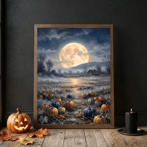 Spökpumpafältmålning, fullmåne-Halloween-väggkonst, stämningsfullt höstlandskapstryck, kuslig Cottagecore-dekor, utskrivbar Dark Academia
