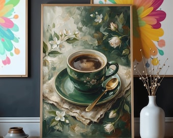 Coffee Cup Floral Wall Art Printable, Cozy Cafe Painting, Vintage Botanical Kitchen Decor, Cottagecore Coffee Artwork