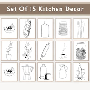 May include: Set of 15 kitchen decor prints in a minimalist black and white style. Each framed print features a different kitchen-related illustration, including fruit, bread, utensils, and coffee. The text "Set Of 15 Kitchen Decor" is at the top.