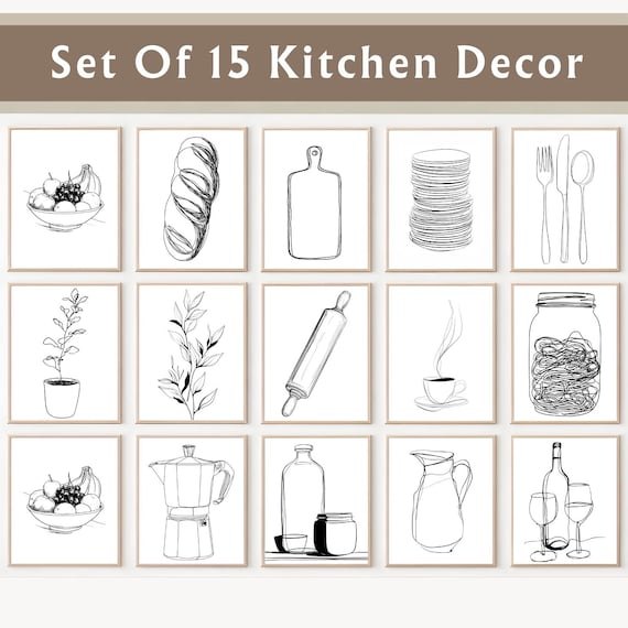 Set of 15 Kitchen Wall Art Prints, Minimalist Black and White Kitchen Decor Bundle, Modern Line Art & Utensil Art, Farmhouse Kitchen Art