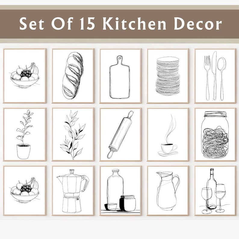 May include: Set of 15 kitchen decor prints in a minimalist black and white style. Each framed print features a different kitchen-related illustration, including fruit, bread, utensils, and coffee. The text "Set Of 15 Kitchen Decor" is at the top.