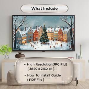 Puede incluir: Una impresi&oacute;n de arte digital de una escena de un pueblo invernal con un &aacute;rbol de Navidad decorado. La imagen incluye el texto "What Include", "High Resolution JPG FILE (3840 x 2160 px)" y "How To Install Guide (PDF File)".