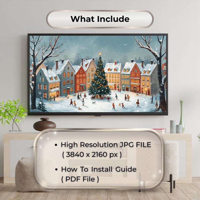 Puede incluir: Una impresi&oacute;n de arte digital de una escena de un pueblo invernal con un &aacute;rbol de Navidad decorado. La imagen incluye el texto "What Include", "High Resolution JPG FILE (3840 x 2160 px)" y "How To Install Guide (PDF File)".