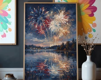 May include: A framed painting depicts a nighttime fireworks display over a lake. The artwork features red, white, and blue bursts of light against a dark blue sky. The water reflects the colorful explosions and the lights of a distant town.
